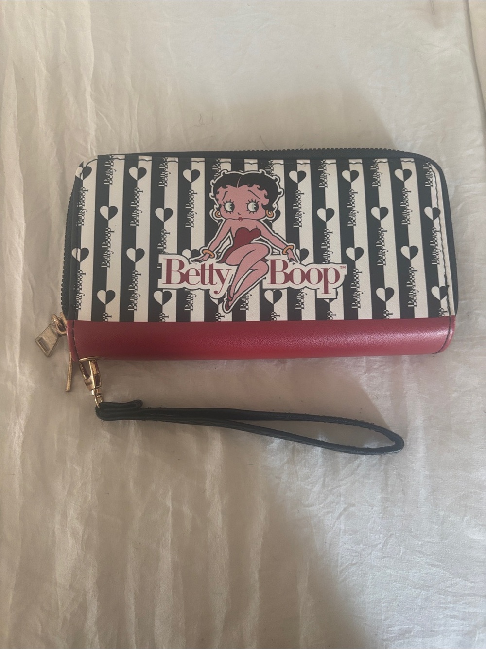 Betty Boop Black & White Striped Wristlet Wallet with Red Accent